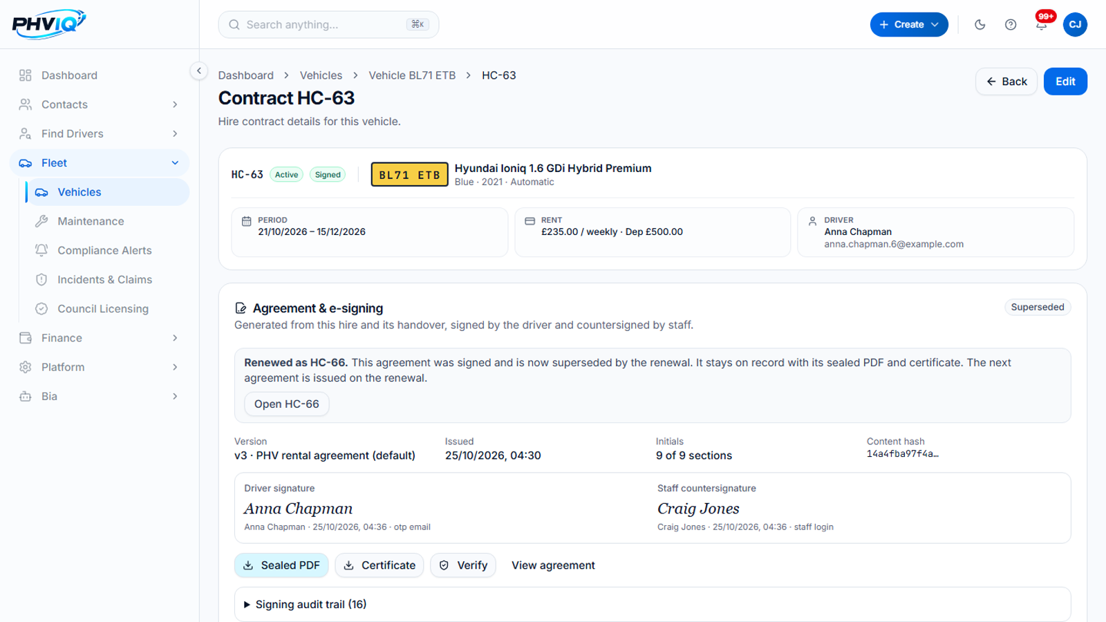 A demo hire contract in PHVIQ with its weekly rent and deposit, and the agreement signed by the driver and countersigned by staff, with buttons for the sealed PDF, the certificate and verification