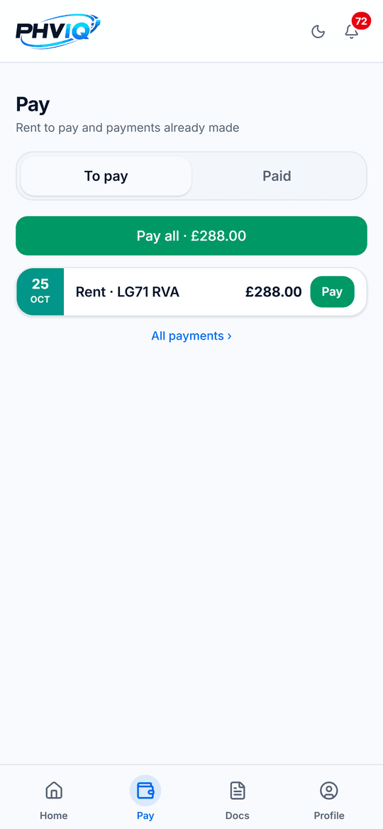 PHVIQ driver portal on a phone: the Pay screen for a demo driver with weekly rent due and a Pay all button