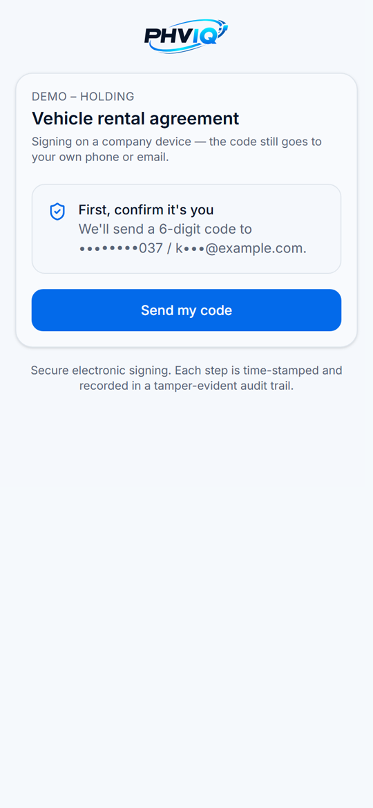 A driver signing a demo vehicle rental agreement on a phone: the step that sends a six-digit code to their own phone or email